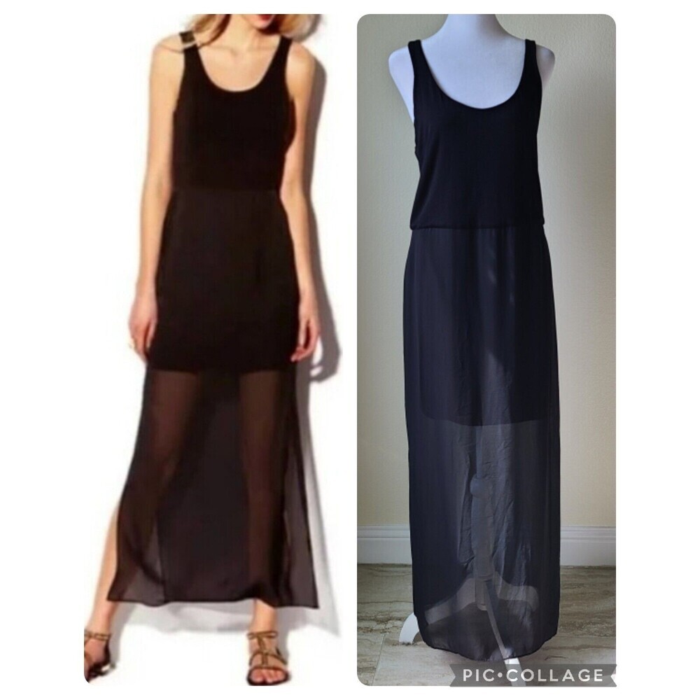 Vince Camuto Sheer Tank Maxi Dress Large Black Overlay Slits Sleeveless Goth